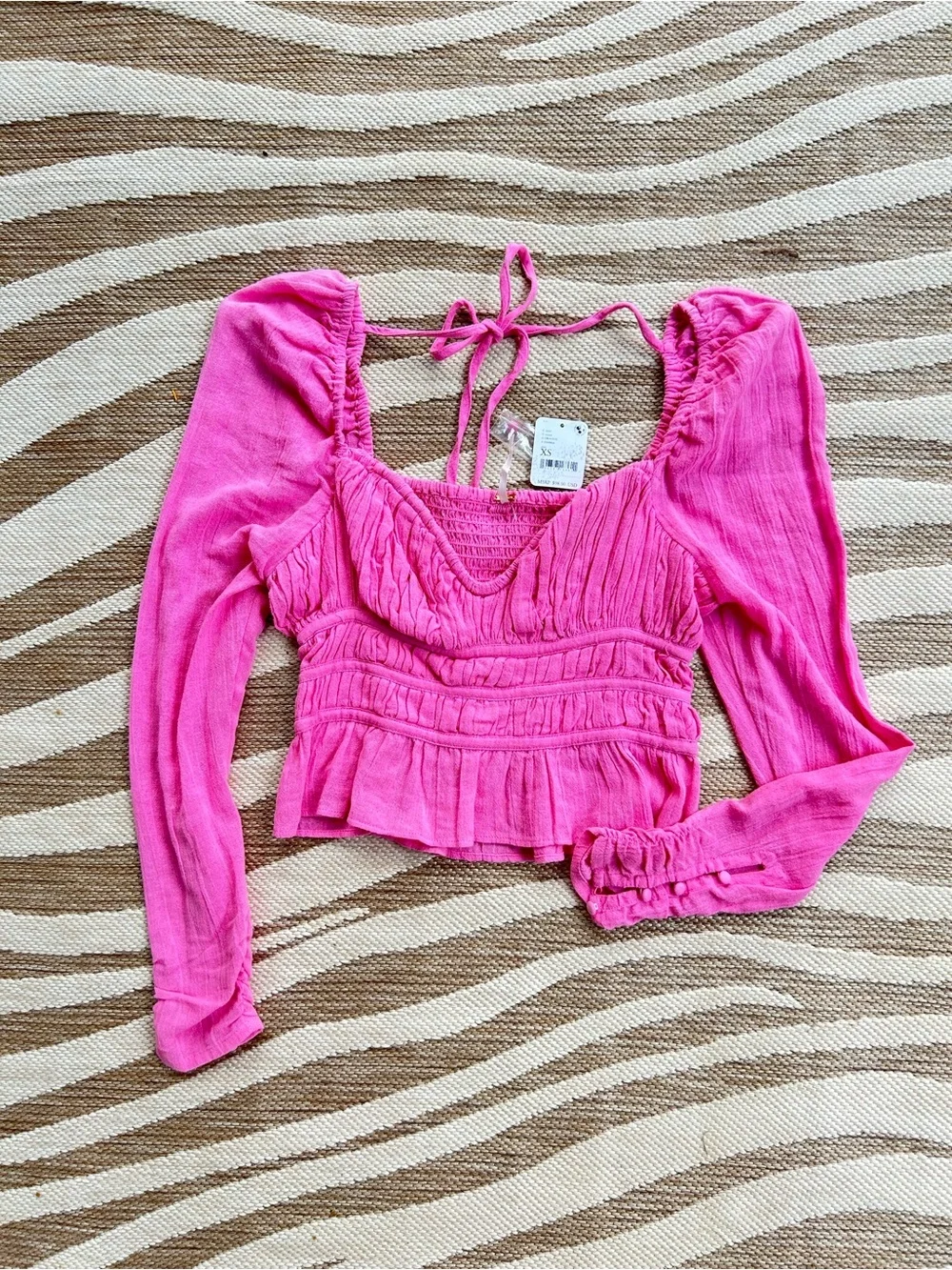 NWT Free People Chloe Top shade Aurora Longsleeve Pink Tie Back Blouse - Size XS
